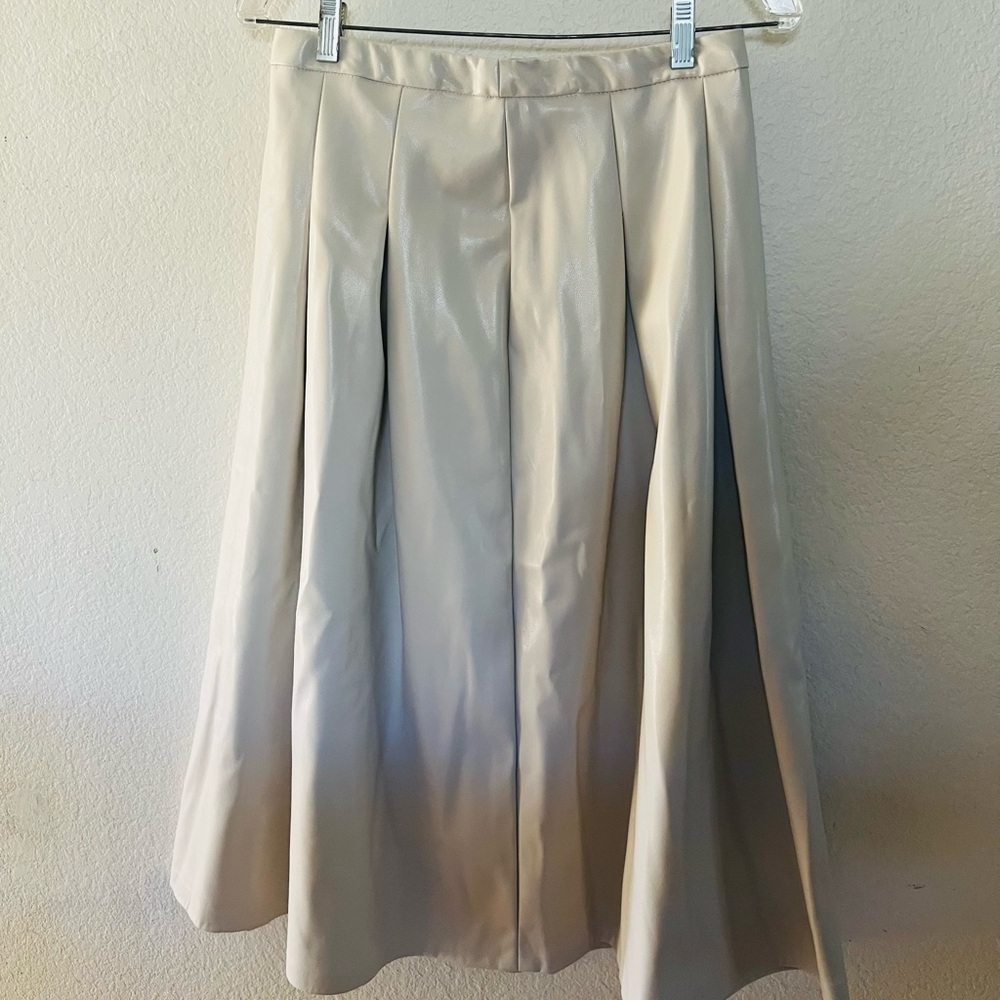Halogen Faux Leather Cream A-Line Pleated Midi Skirt